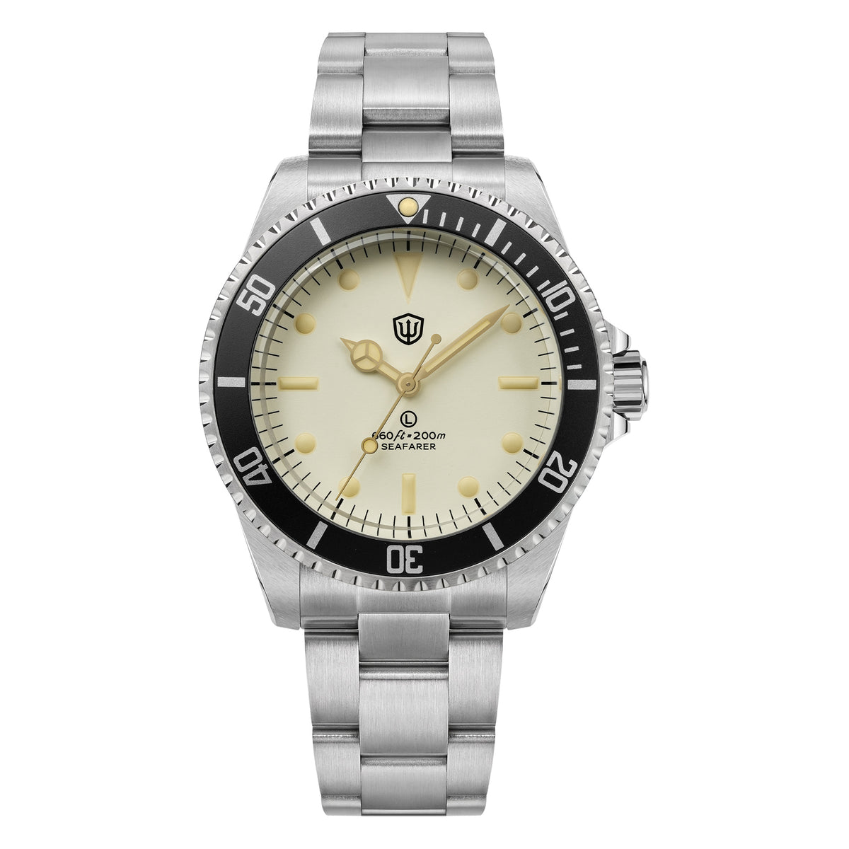 Watchdives WD5514Q 40mm quartz dive watch, cream dial with gold-tone details, dial and bezel close-up, 316L stainless steel bracelet.