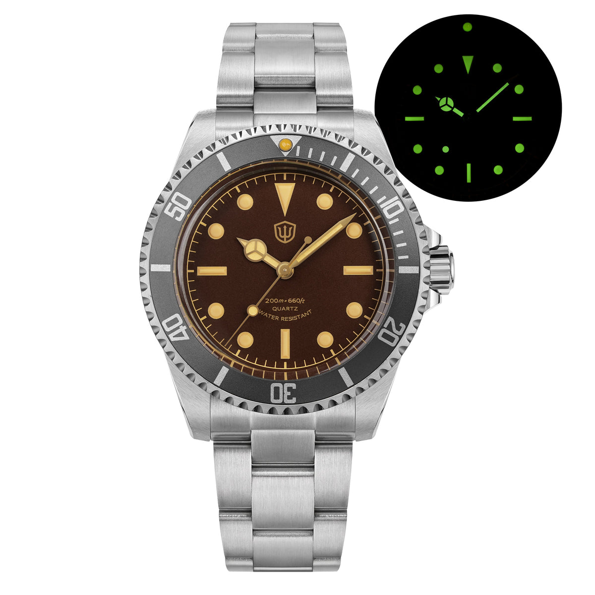 Watchdives WD5514Q tropical brown dial quartz dive watch glowing in low light, C3 green luminous markers and hands.