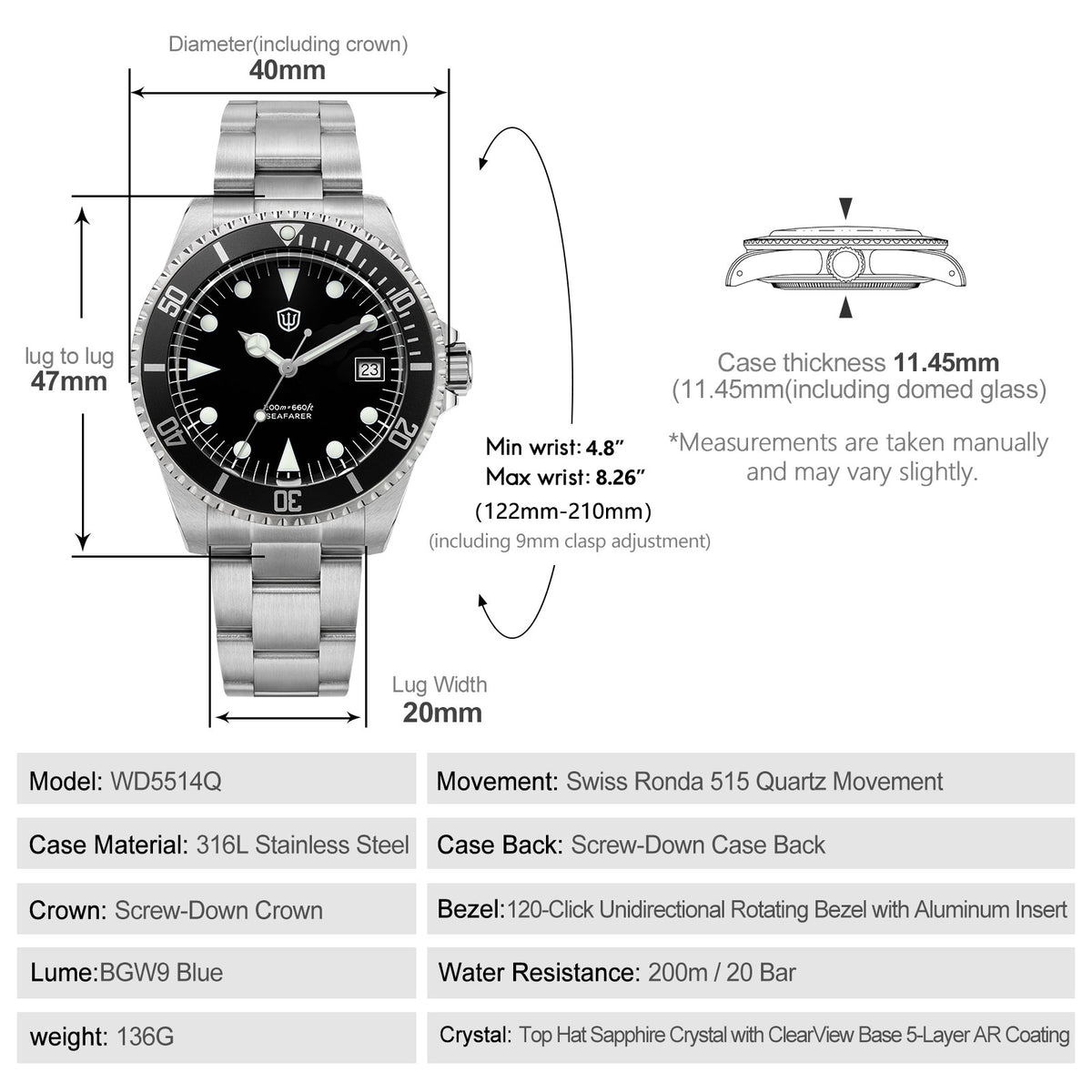 Watchdives WD5514Q 40mm quartz dive watch, matte black dial with Mercedes-style hands and date, dimension diagram, 316L stainless steel bracelet.