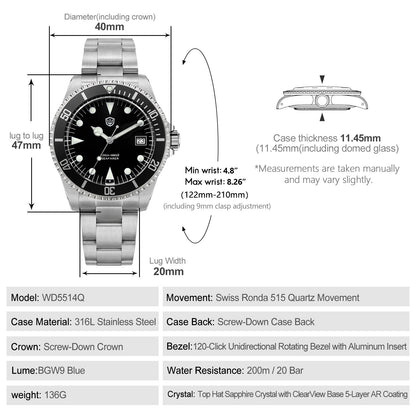 Watchdives WD5514Q 40mm quartz dive watch, matte black dial with Mercedes-style hands and date, dimension diagram, 316L stainless steel bracelet.