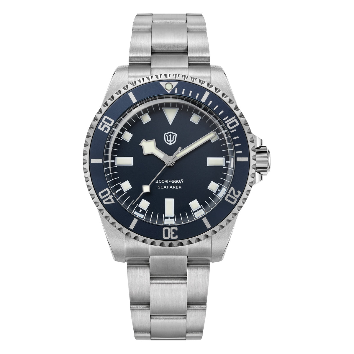 Watchdives WD5514Q 40mm quartz dive watch, WD5514Q quartz diver product photograph, dial and bezel detail, 316L stainless steel bracelet.