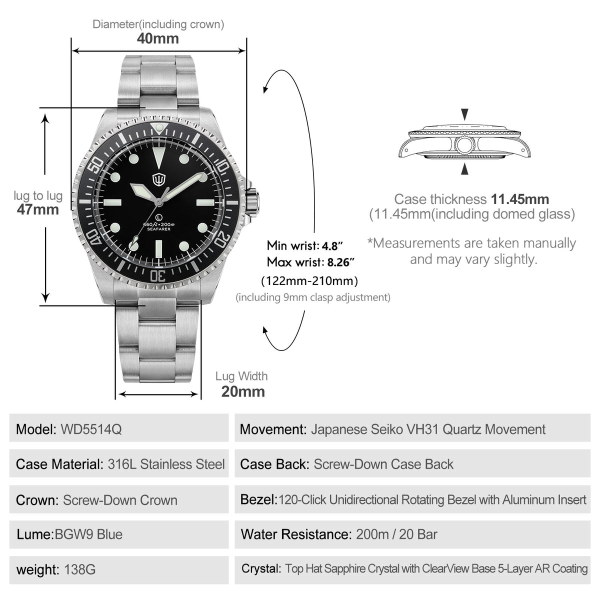 Watchdives WD5514Q 40mm quartz dive watch, matte black dial with Mercedes-style hands, dimension diagram, 316L stainless steel bracelet.