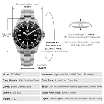 Watchdives WD5514Q 40mm quartz dive watch, matte black dial with Mercedes-style hands, dimension diagram, 316L stainless steel bracelet.