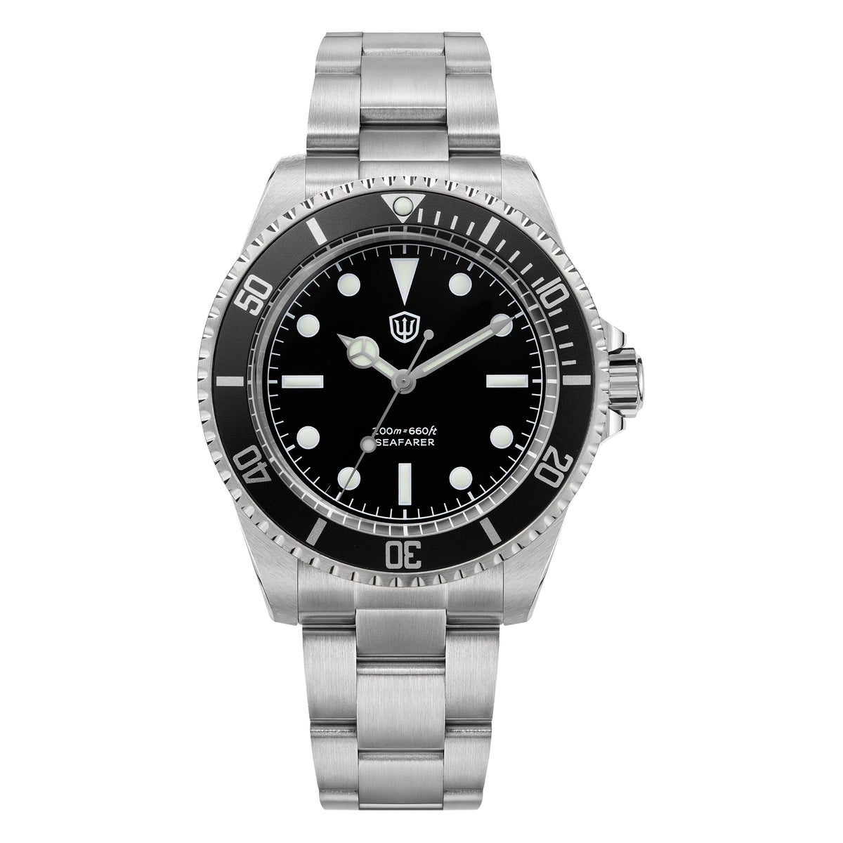 Watchdives WD5514Q 40mm quartz dive watch, matte black dial with sword hands, front product view, 316L stainless steel bracelet.
