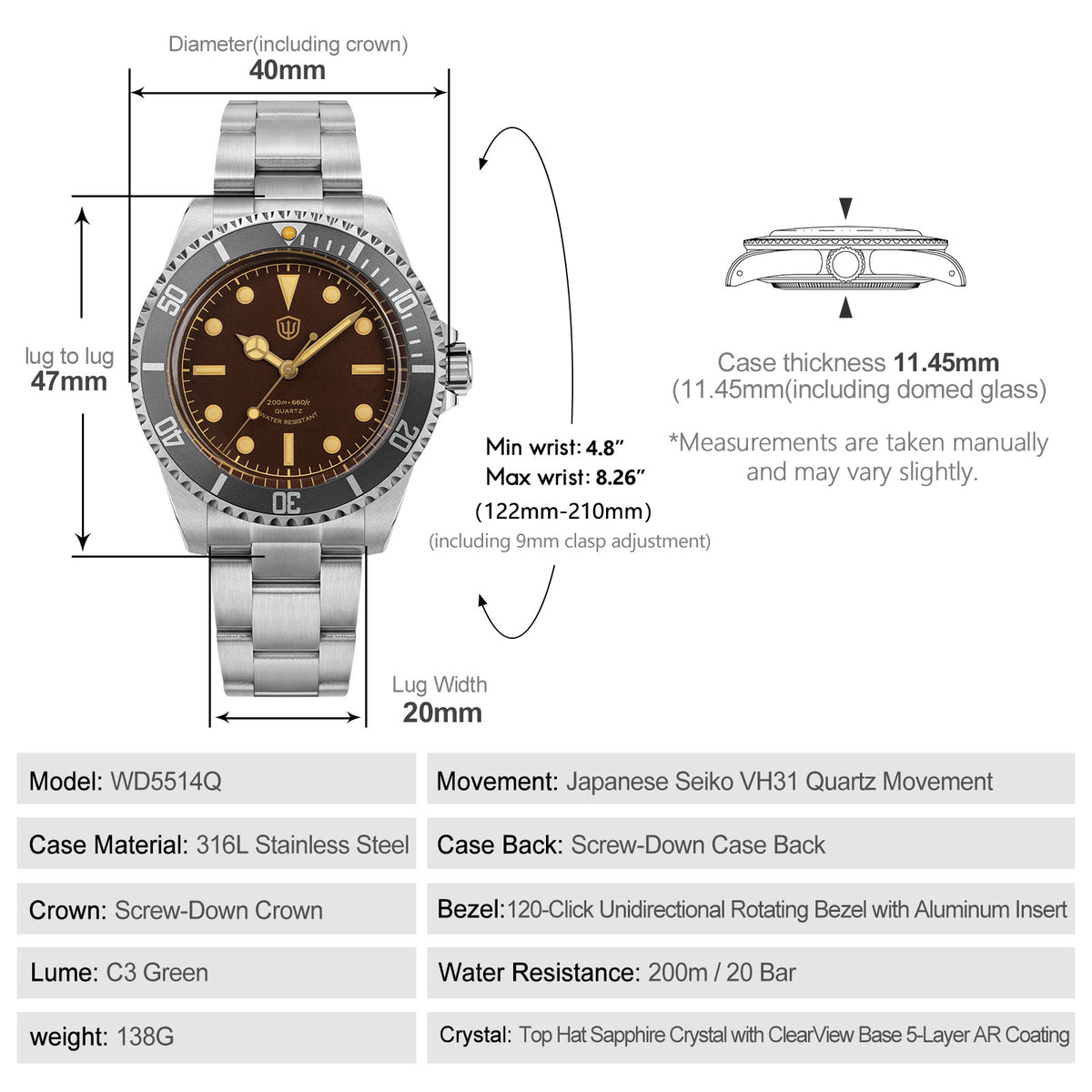 Watchdives WD5514Q 40mm quartz diver with tropical brown dial and yellow indices, product dimensions and wrist-fit specification diagram.