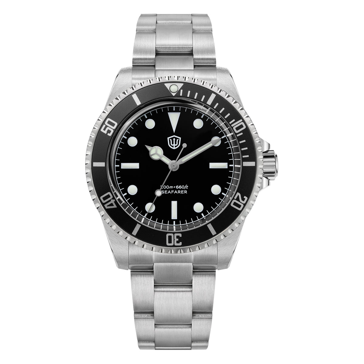 Watchdives WD5514Q 40mm quartz dive watch, WD5514Q quartz diver product photograph, front product view, 316L stainless steel bracelet.