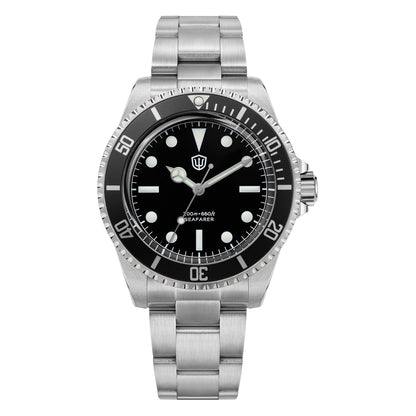 Watchdives WD5514Q 40mm quartz dive watch, WD5514Q quartz diver product photograph, front product view, 316L stainless steel bracelet.