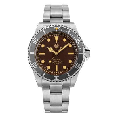 Watchdives WD5514Q 40mm quartz dive watch, tropical brown dial with yellow indices, front product view, 316L stainless steel bracelet.