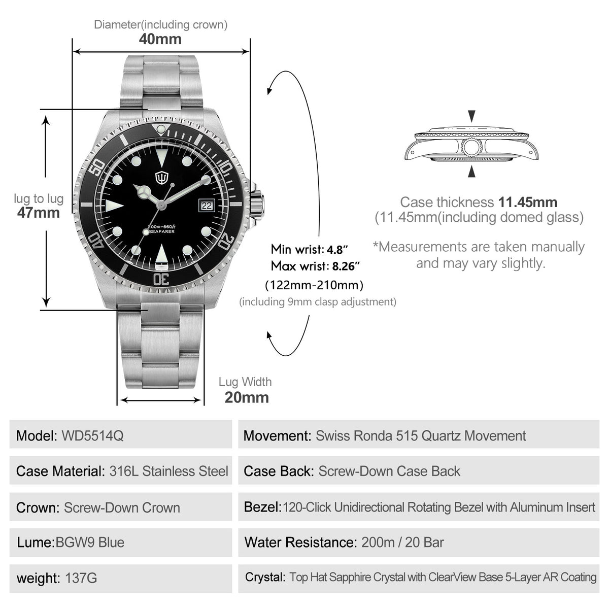 Watchdives WD5514Q 40mm quartz dive watch, WD5514Q quartz diver product photograph, luminous dial detail, 316L stainless steel bracelet.