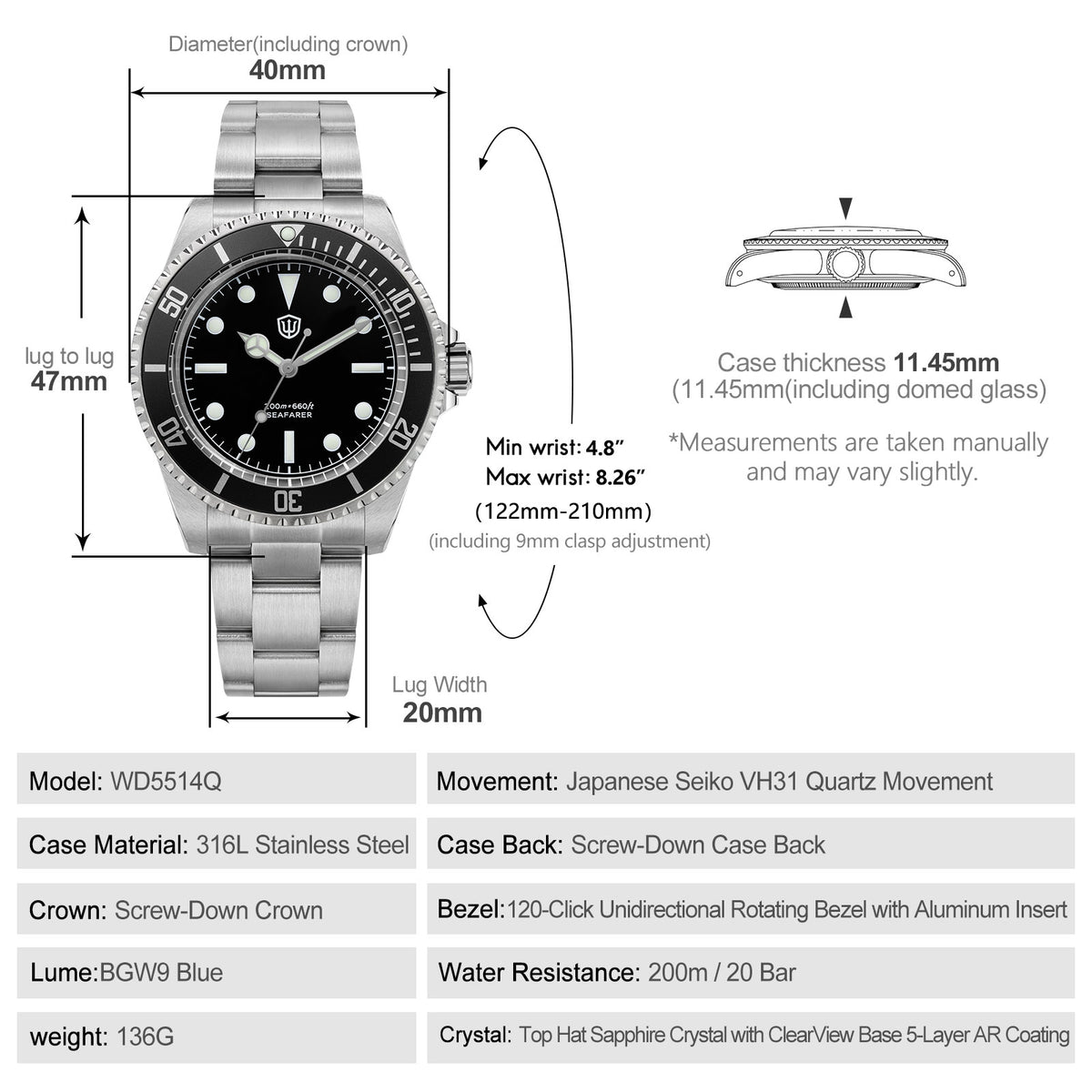 Watchdives WD5514Q 40mm quartz dive watch, matte black dial with sword hands, dimension diagram, 316L stainless steel bracelet.