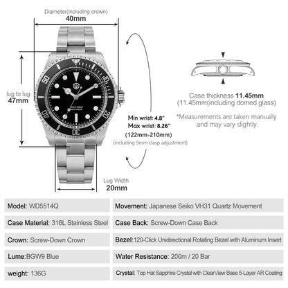 Watchdives WD5514Q 40mm quartz dive watch, matte black dial with sword hands, dimension diagram, 316L stainless steel bracelet.
