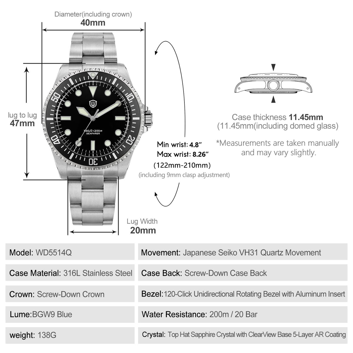 Watchdives WD5514Q 40mm quartz dive watch, black dial with grey bezel and Mercedes-style hands, dimension diagram, 316L stainless steel bracelet.