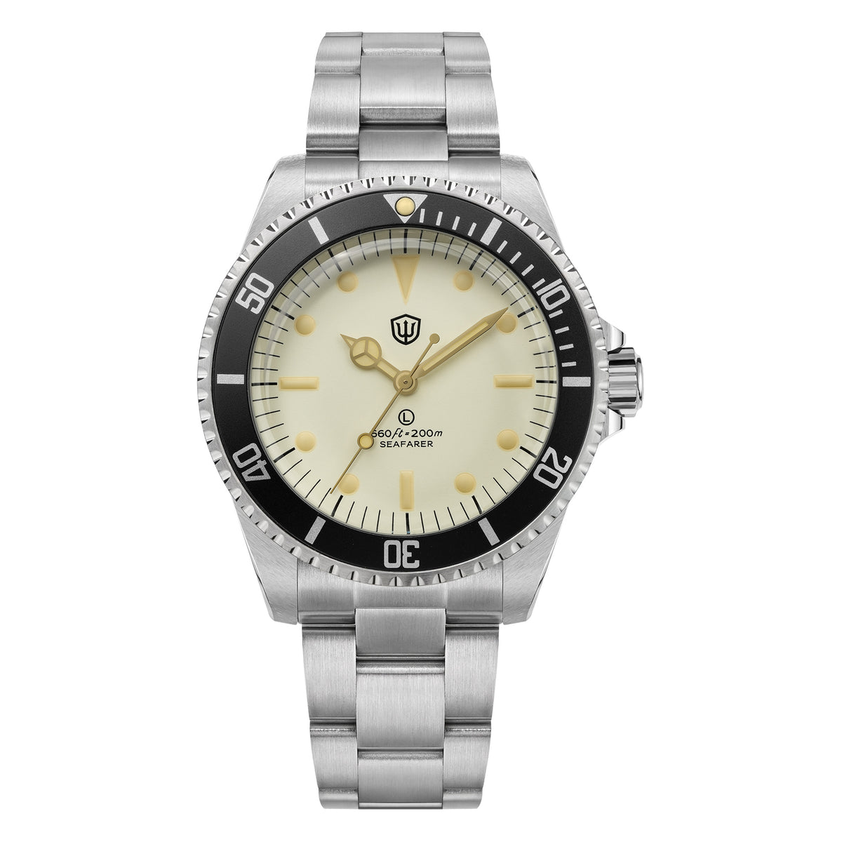 Watchdives WD5514Q 40mm quartz dive watch, WD5514Q quartz diver product photograph, crown detail, 316L stainless steel bracelet.