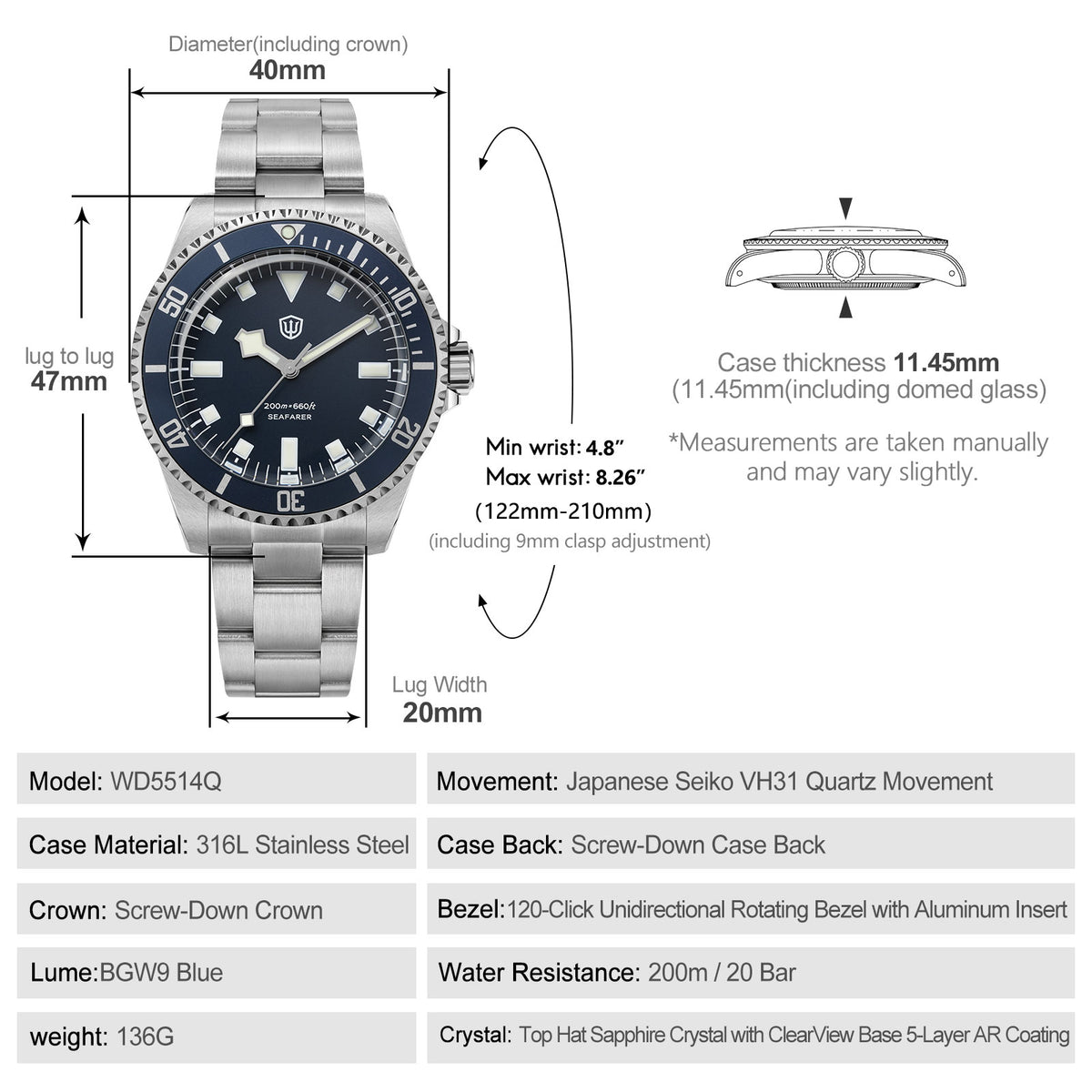Watchdives WD5514Q 40mm quartz dive watch, WD5514Q quartz diver product photograph, caseback detail, 316L stainless steel bracelet.