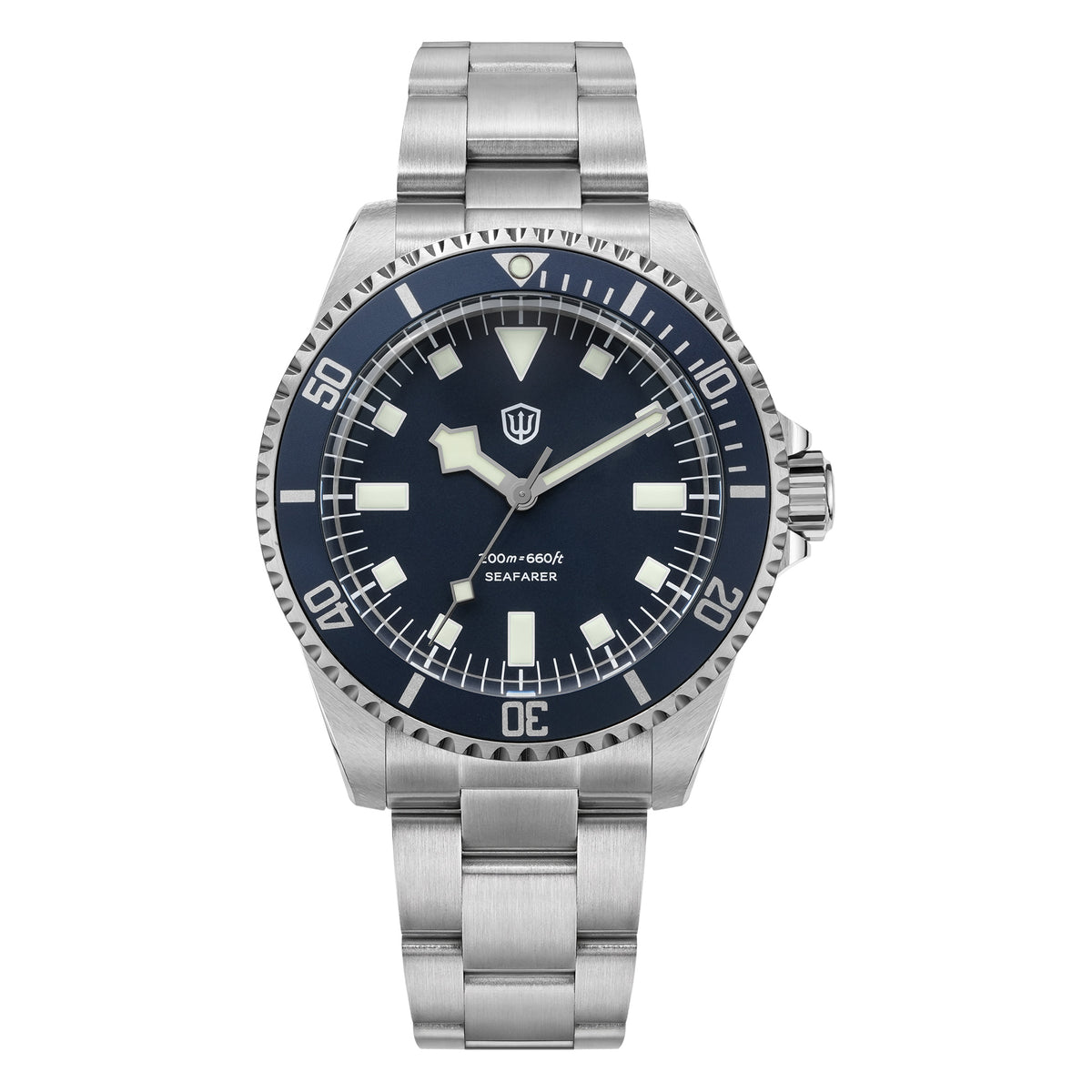 Watchdives WD5514Q 40mm quartz dive watch, blue dial with snowflake hands and white indices, front product view, 316L stainless steel bracelet.
