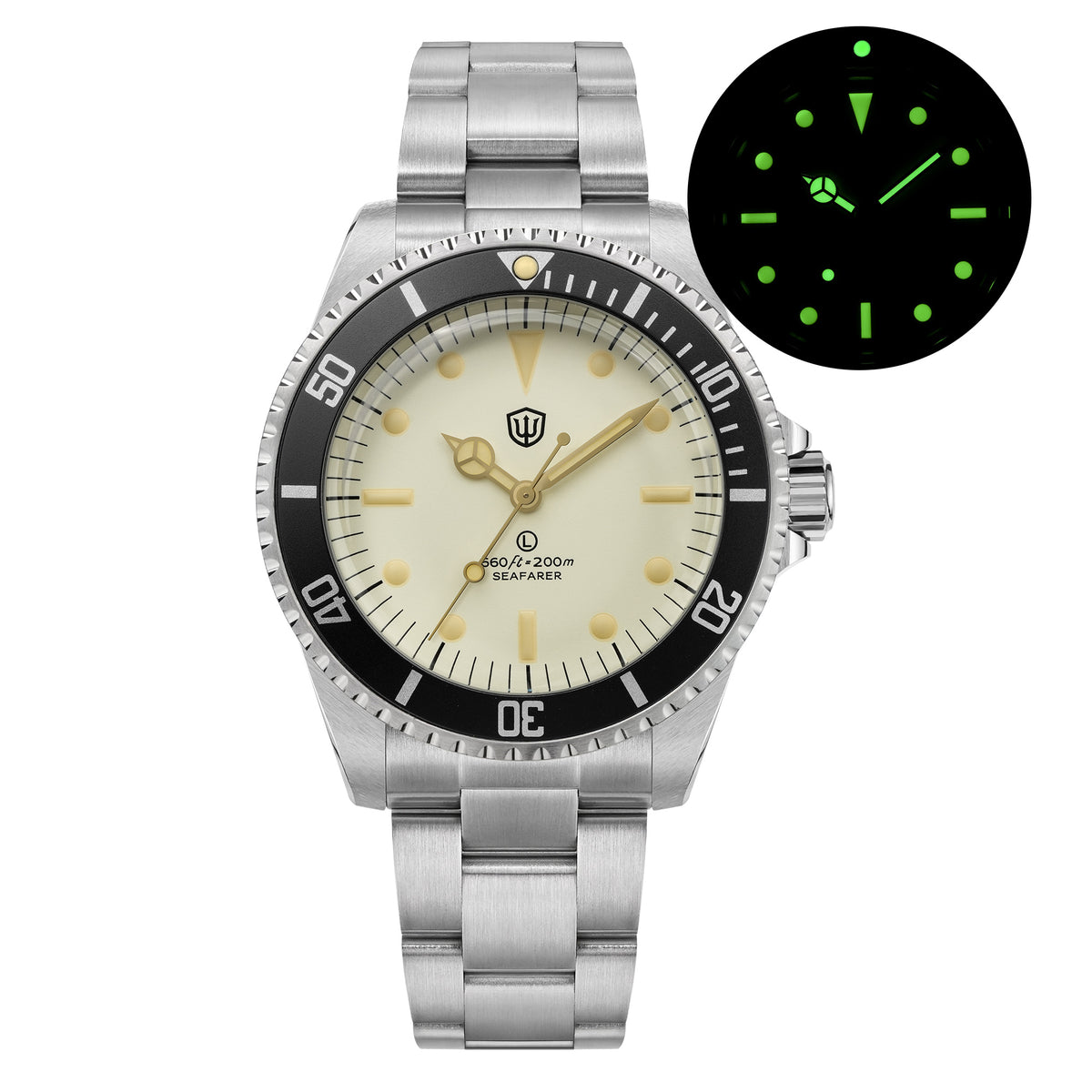 Watchdives WD5514Q 40mm quartz dive watch, WD5514Q quartz diver product photograph, front three-quarter view, 316L stainless steel bracelet.