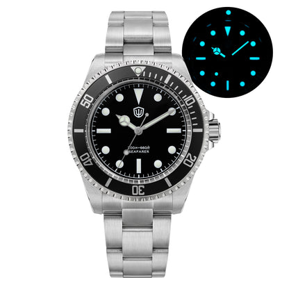 Watchdives WD5514Q 40mm quartz dive watch, matte black dial with sword hands, luminous dial in darkness, 316L stainless steel bracelet.