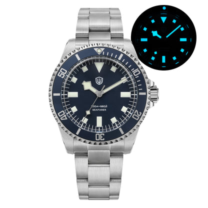Watchdives WD5514Q 40mm quartz dive watch, blue dial with snowflake hands and white indices, luminous dial in darkness, 316L stainless steel bracelet.