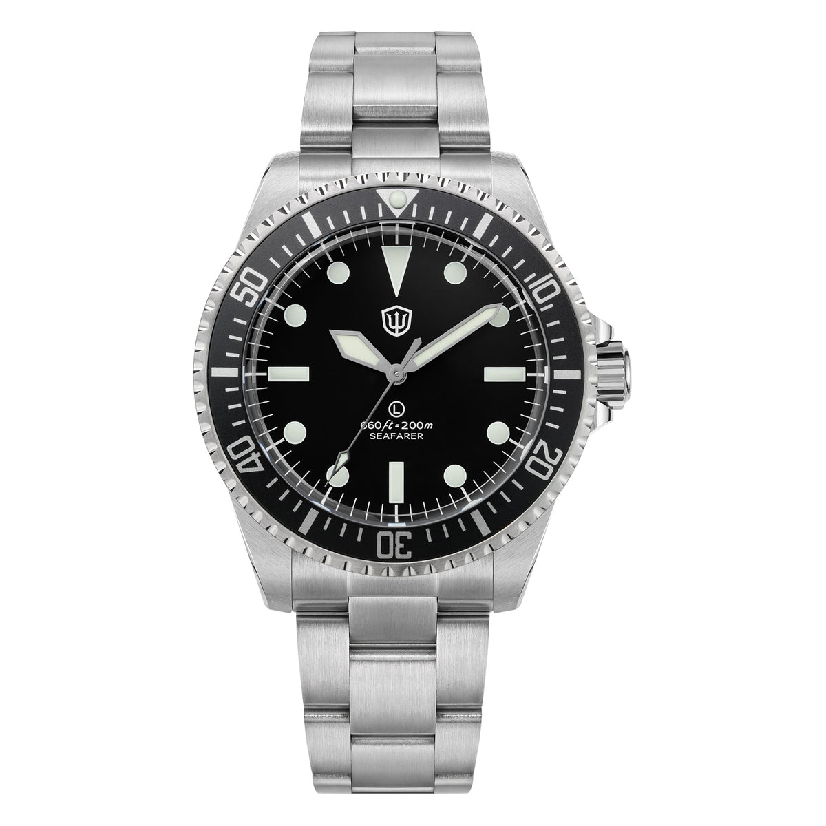 Watchdives WD5514Q 40mm quartz dive watch, matte black dial with Mercedes-style hands, front product view, 316L stainless steel bracelet.