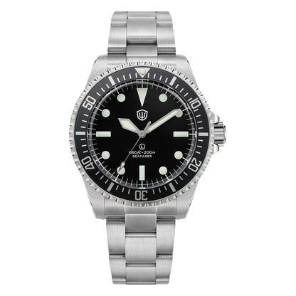 Watchdives WD5514Q 40mm quartz dive watch, matte black dial with Mercedes-style hands, front product view, 316L stainless steel bracelet.