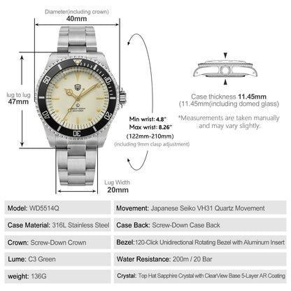 Watchdives WD5514Q 40mm quartz dive watch, WD5514Q quartz diver product photograph, bracelet links close-up, 316L stainless steel bracelet.