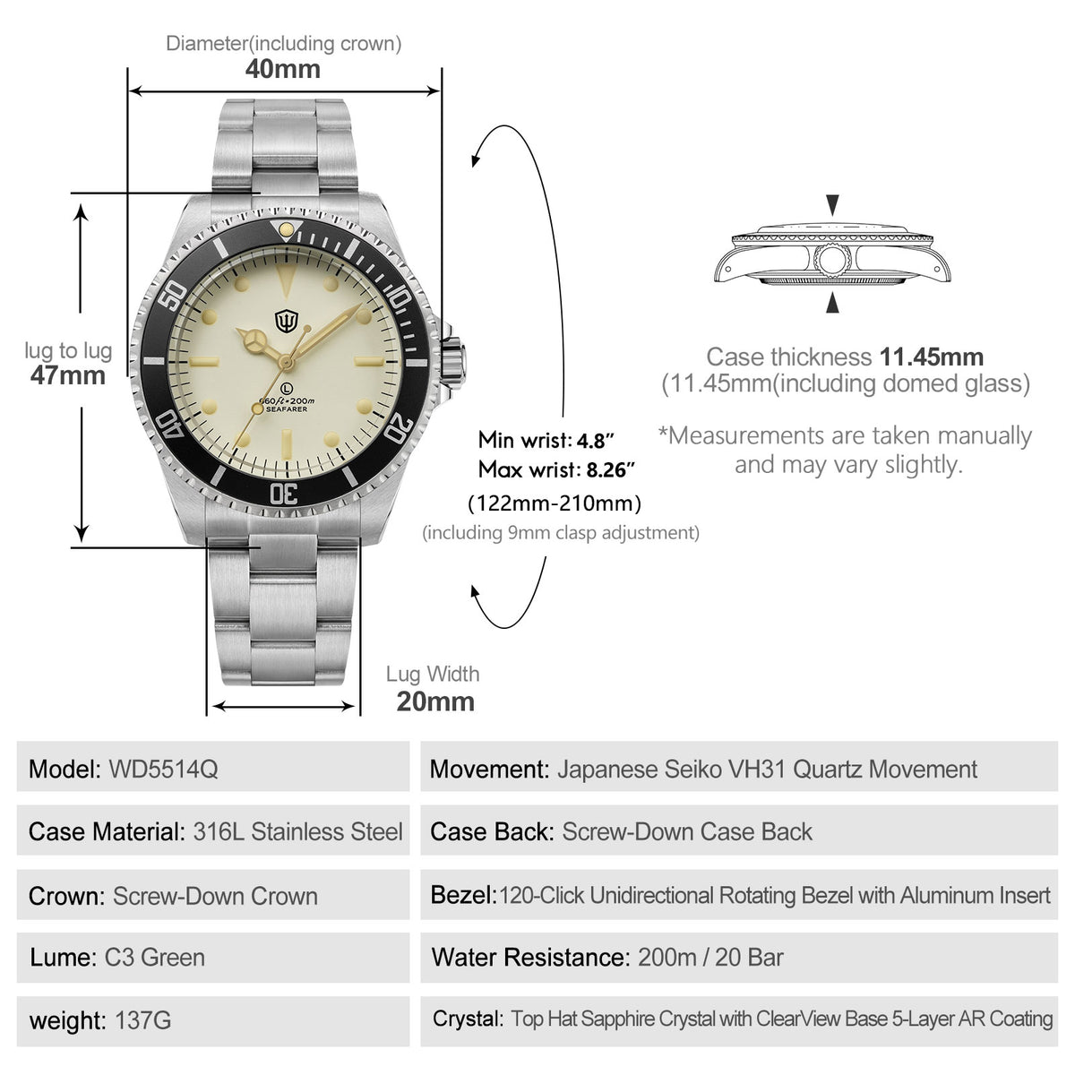 Watchdives WD5514Q 40mm quartz dive watch, cream dial with gold-tone details, bracelet clasp detail, 316L stainless steel bracelet.
