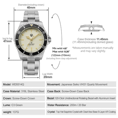 Watchdives WD5514Q 40mm quartz dive watch, cream dial with gold-tone details, bracelet clasp detail, 316L stainless steel bracelet.