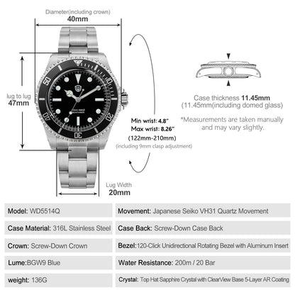 Watchdives WD5514Q 40mm quartz dive watch, WD5514Q quartz diver product photograph, dial close-up, 316L stainless steel bracelet.