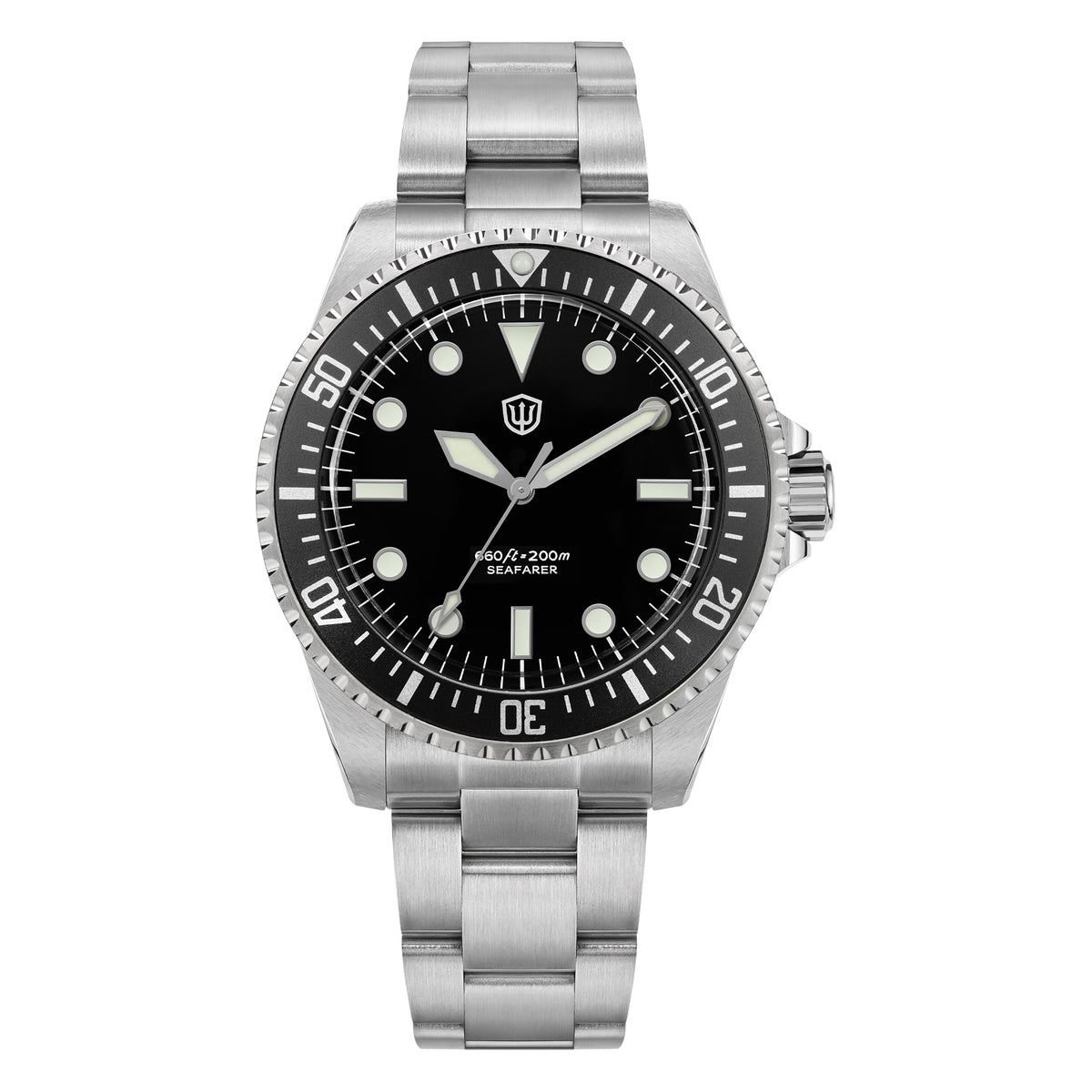 Watchdives WD5514Q 40mm quartz dive watch, black dial with grey bezel and Mercedes-style hands, front product view, 316L stainless steel bracelet.