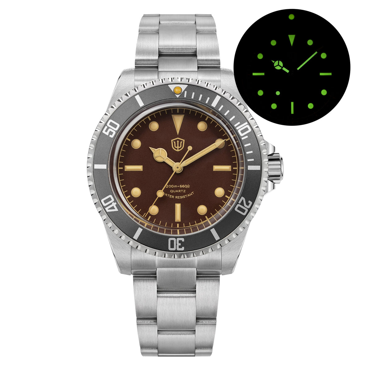 Watchdives WD5514Q 40mm quartz dive watch, WD5514Q quartz diver product photograph, rotating bezel detail, 316L stainless steel bracelet.