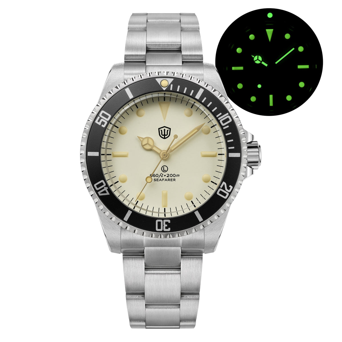 Watchdives WD5514Q 40mm quartz dive watch, cream dial with gold-tone details, front product view, 316L stainless steel bracelet.