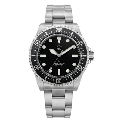 Watchdives WD5514Q 40mm quartz dive watch, WD5514Q quartz diver product photograph, specification image, 316L stainless steel bracelet.