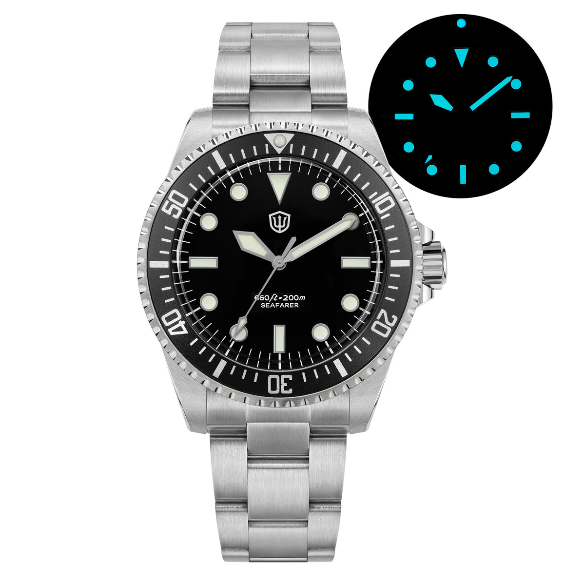 Watchdives WD5514Q 40mm quartz dive watch, black dial with grey bezel and Mercedes-style hands, luminous dial in darkness, 316L stainless steel bracelet.