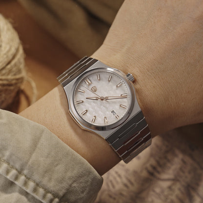 Watchdives WDC0001 PREMIER Forest White MOP dial watch worn on the wrist