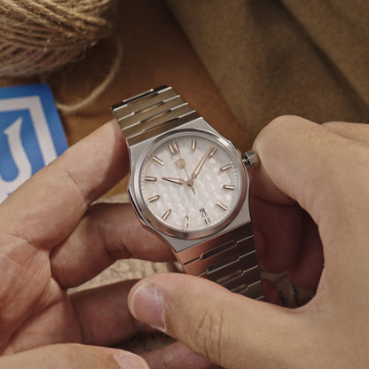 Watchdives WDC0001 PREMIER Forest White MOP automatic watch with integrated stainless steel bracelet