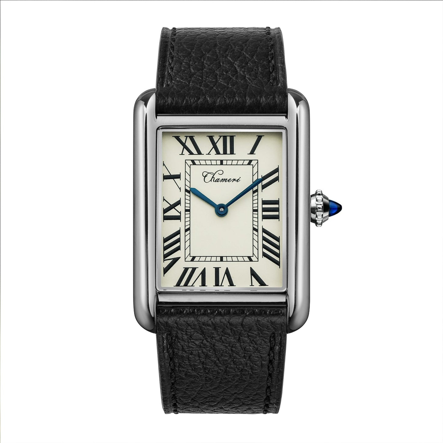 Chameri CH01 rectangular quartz watch with ivory dial and blue hands