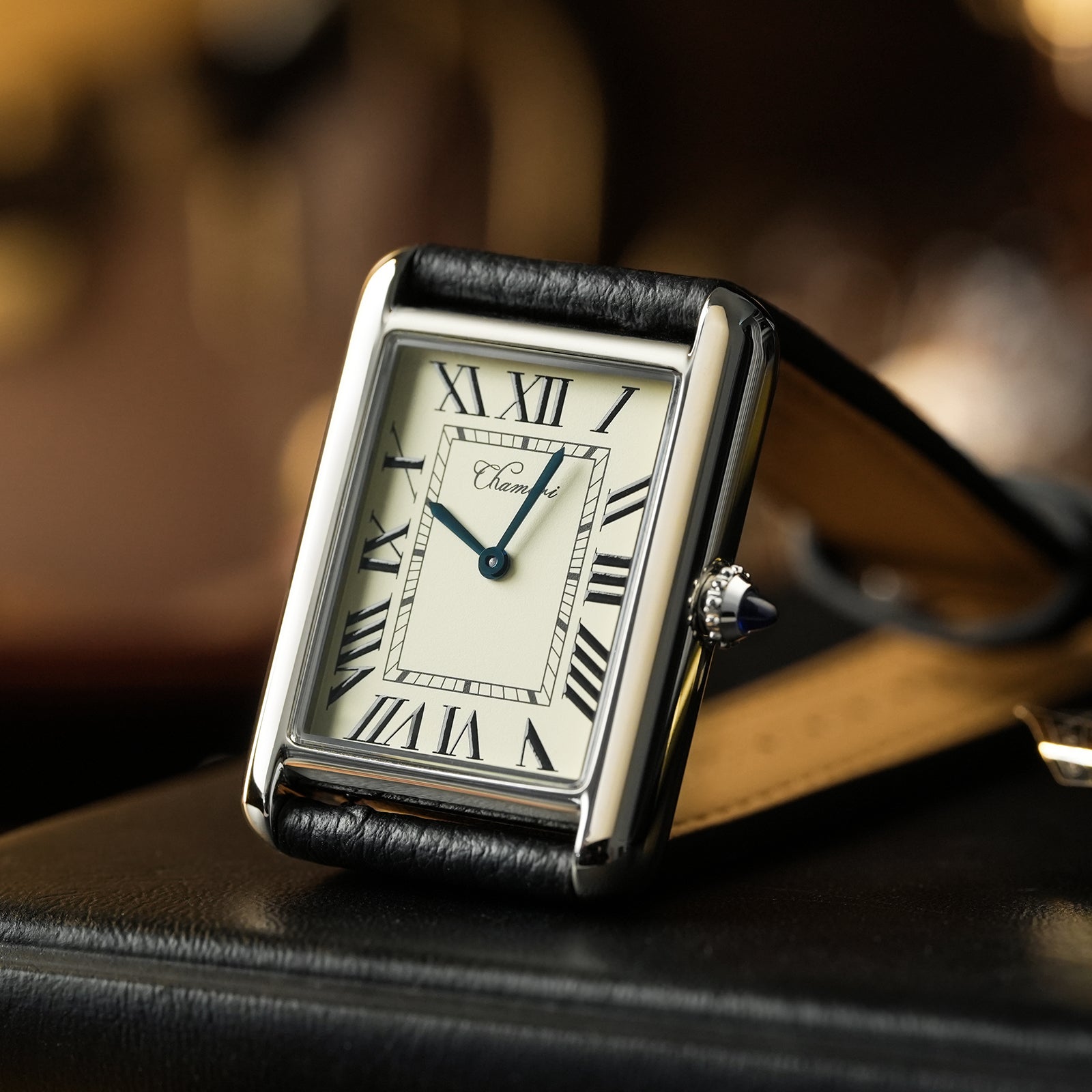 Chameri CH01 slim rectangular watch with genuine black leather strap