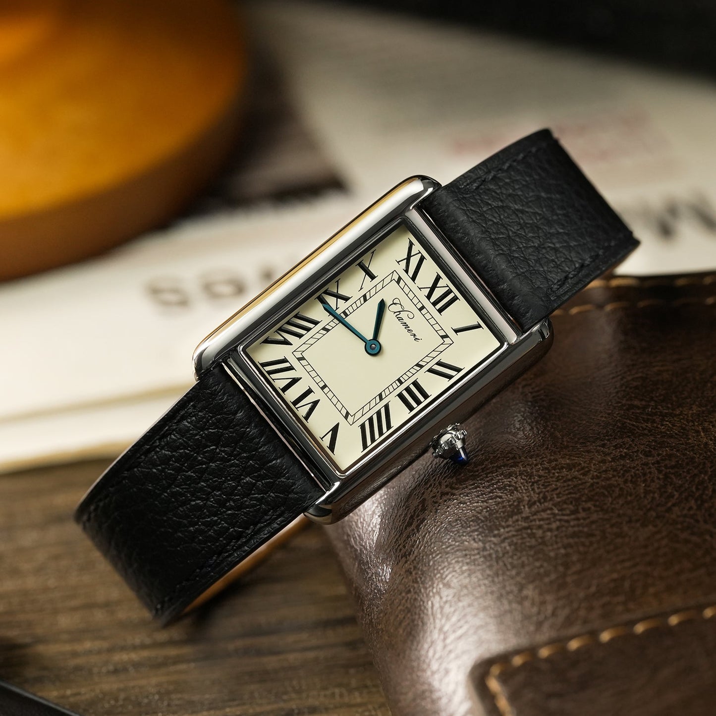 Chameri CH01 rectangular dial and sapphire crystal close-up