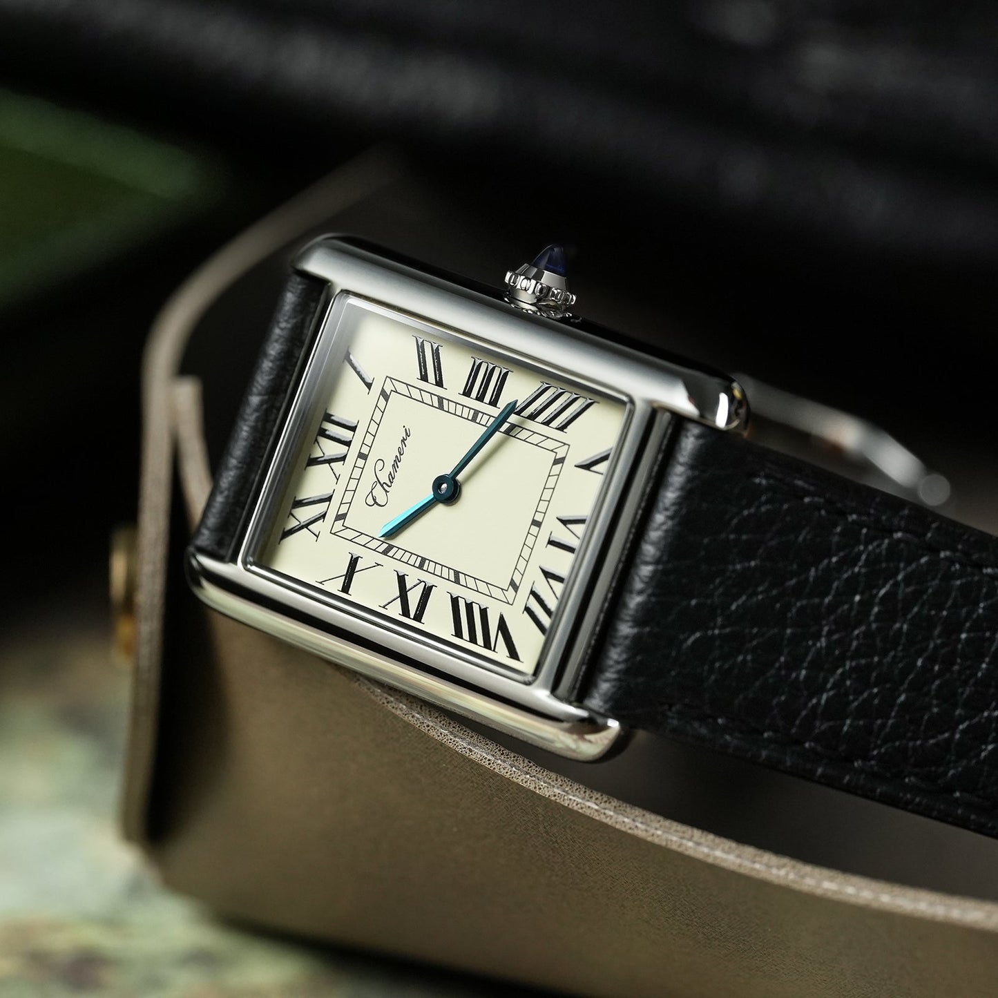 Chameri CH01 angled view with ivory dial and black leather strap
