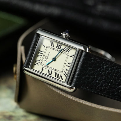 Chameri CH01 angled view with ivory dial and black leather strap