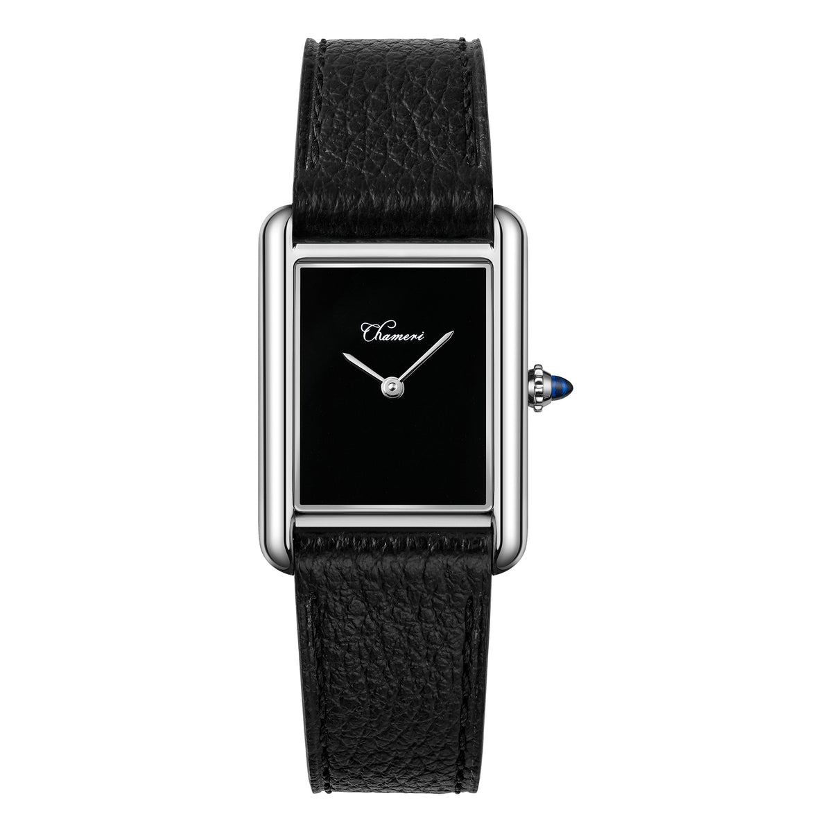 CHAMERI CH02 Medium rectangular watch with black dial, silver-tone case, blue gemstone crown and black leather strap; image used for black enamel and black onyx dial selections