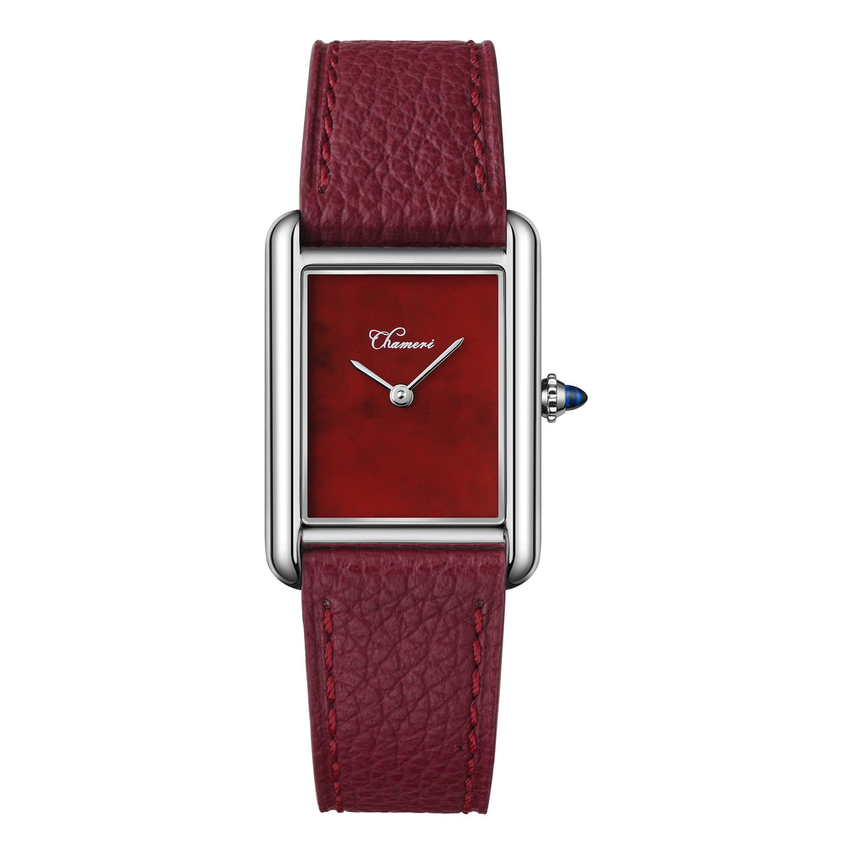 CHAMERI CH02 Medium rectangular watch with burgundy red enamel dial, silver-tone case and burgundy leather strap