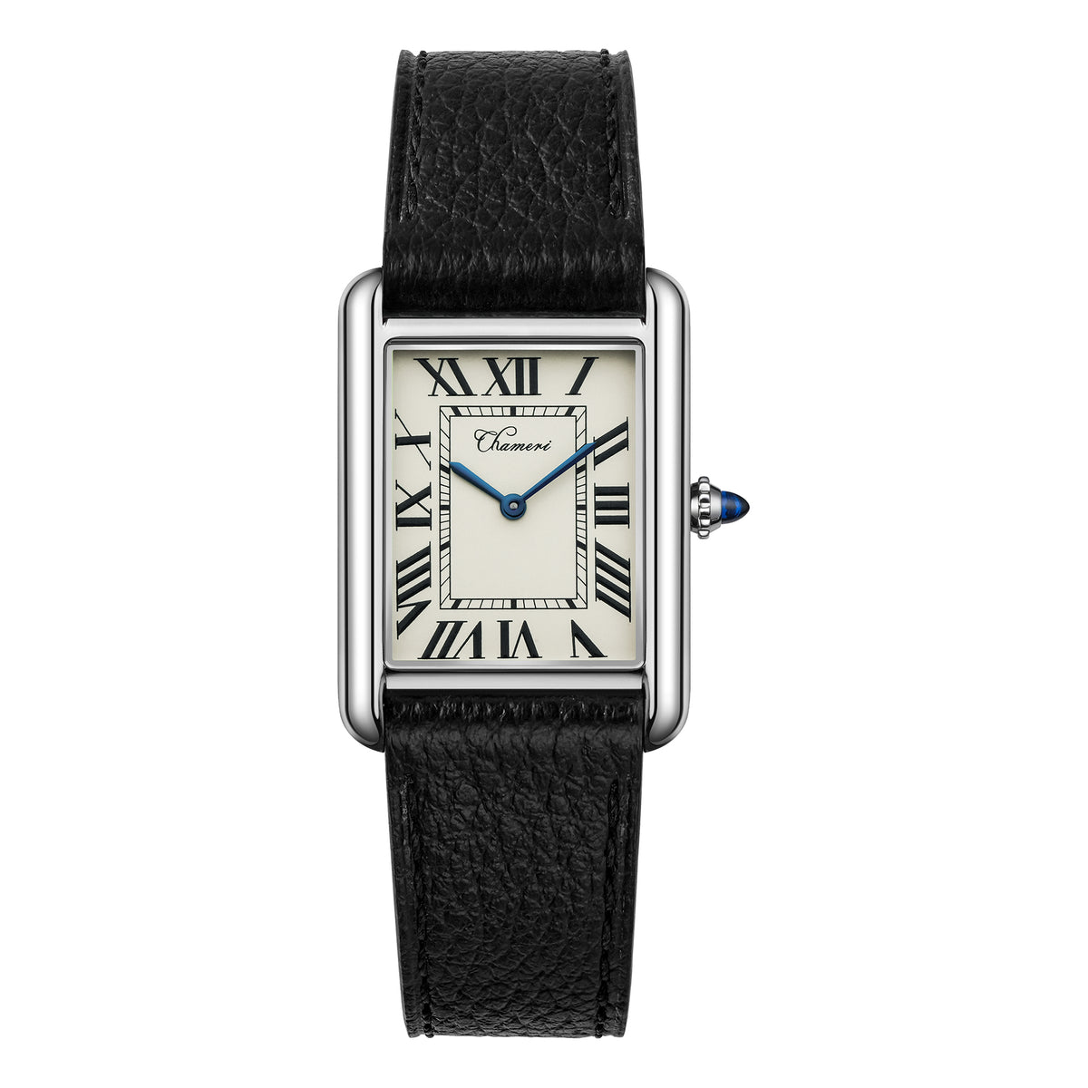CHAMERI CH02 Medium rectangular watch with cream dial, black Roman numerals, blue hands, silver-tone case and black leather strap
