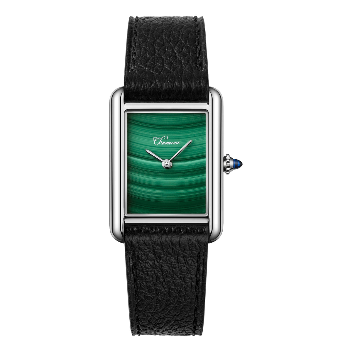 CHAMERI CH02 Medium rectangular watch with green malachite-style stone dial, silver-tone case and black leather strap