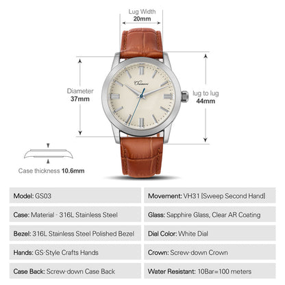 Chameri 37mm VH31 Sweep Second Quartz Watch GS03