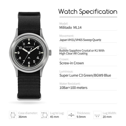 Militado 36mm Retro Military Watch Vh31/Vh65 Sweeping Hand Ml14 V2