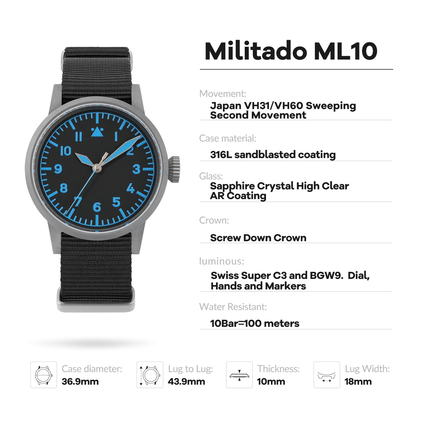 Militado 37mm Sapphire Crystal Retro Flieger Pilot Watch Ml10 V2