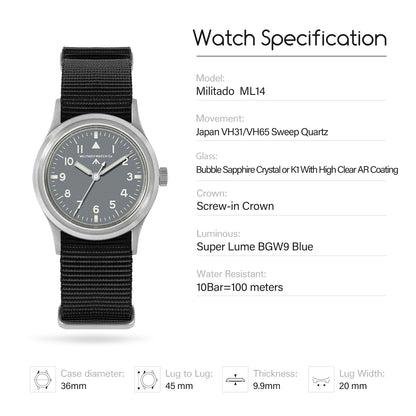 Militado 36mm Retro Military Watch Vh31/Vh65 Sweeping Hand Ml14 V2