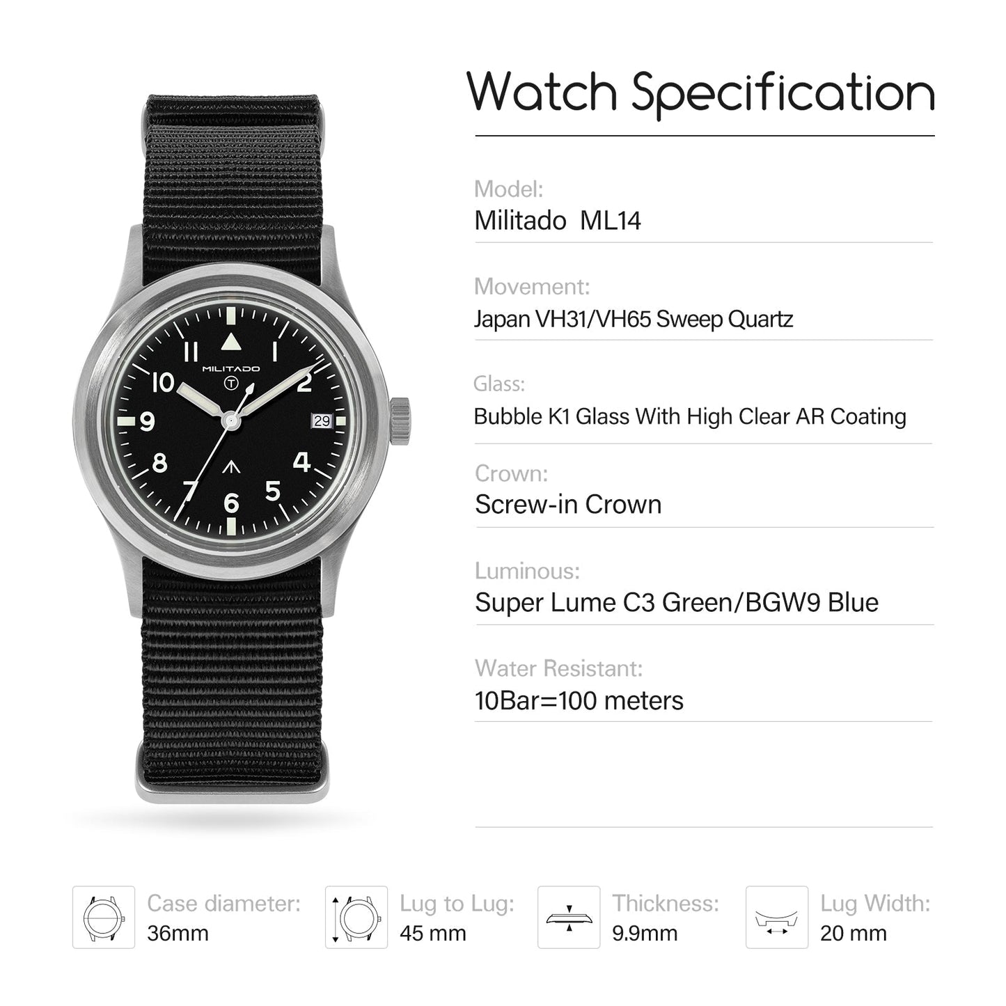 Militado 36mm Retro Military Watch VH31/VH65 Sweeping Hand ML14 V2