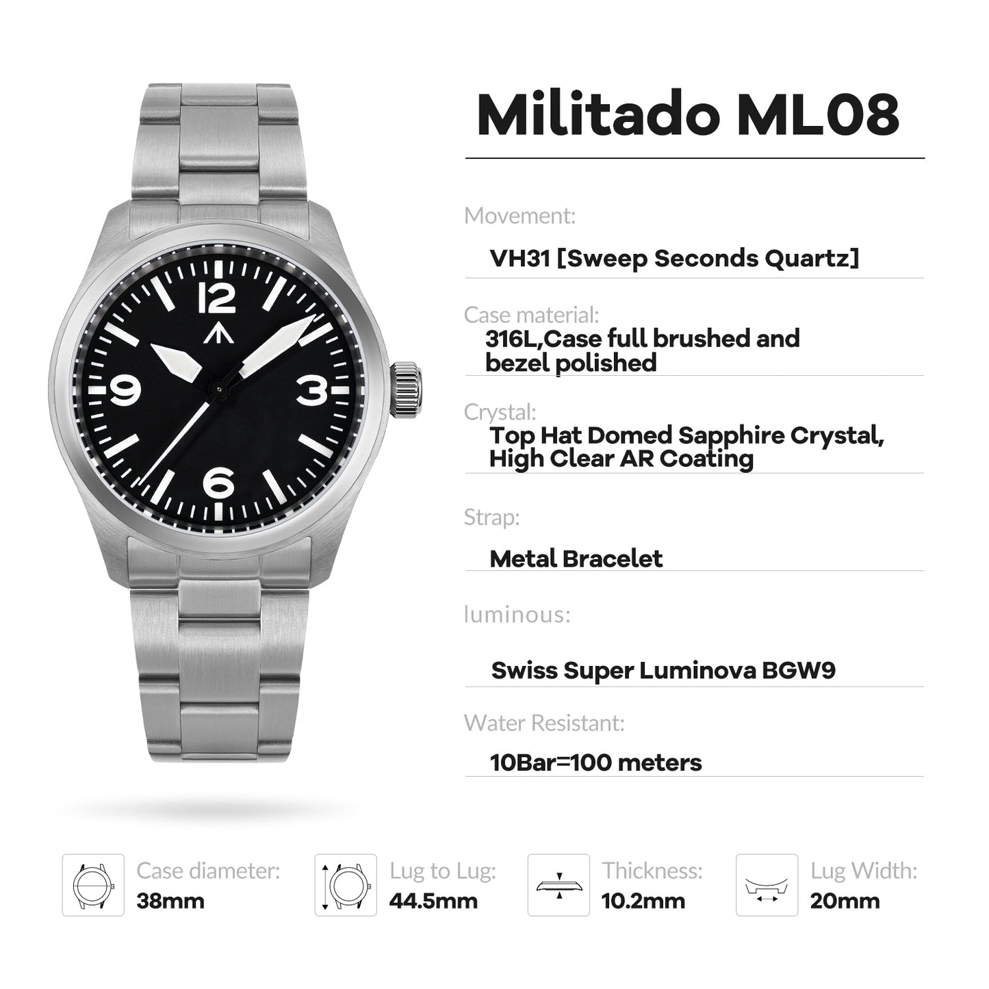 Militado 38mm Military Watch Vintage Field Watch 369 Dial Ml08